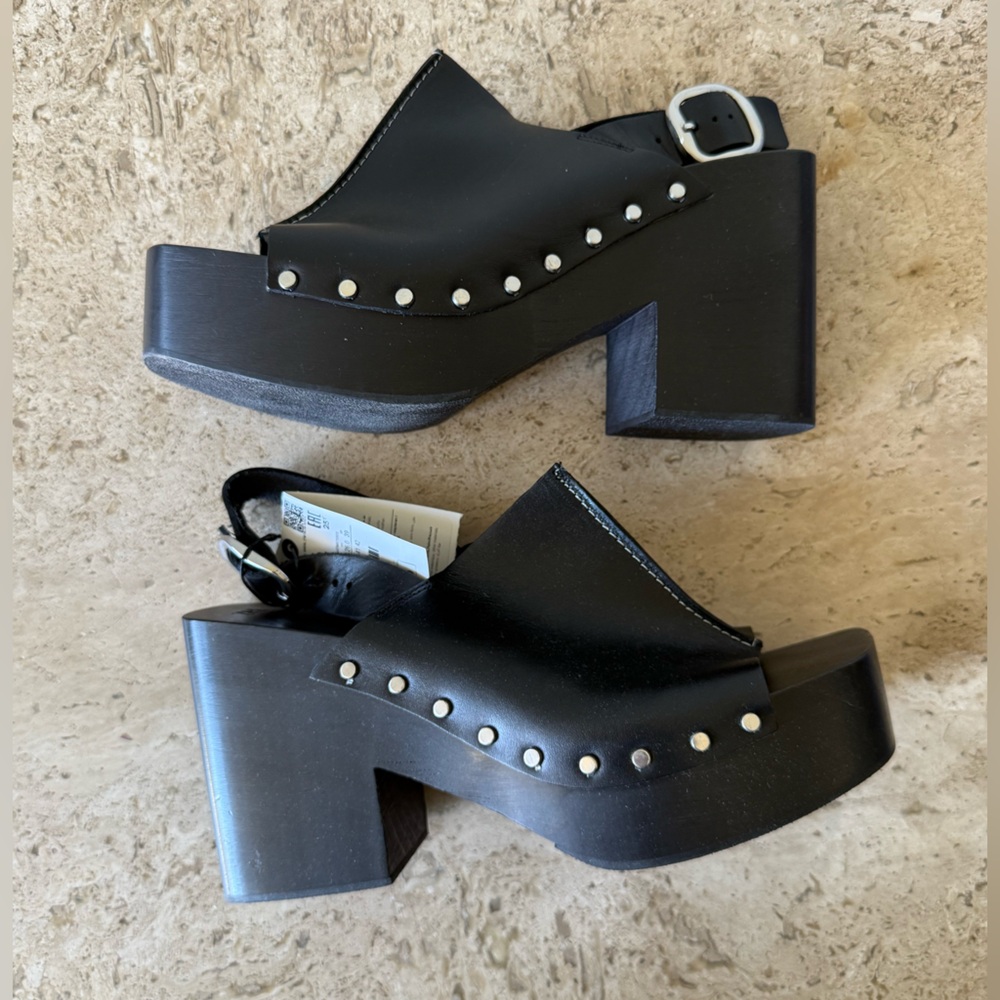 ZARA Slimg Back Leather and Wood Platform Clog - Picture 10 of 11